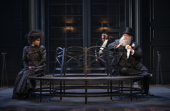 Rais Clarke-Mendes as Mrs. Lingard and Neil Barclay as Lord Uske with Richard Lam as Captain Dullaston (Shaw Festival, 2023). Photo by David Cooper.