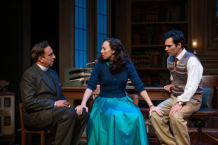 Sanjay Talwar as Rev. James Mavor Morell, Sochi Fried as Candida Morell and Johnathan as Sousa Eugene Marchbanks in Candida (Shaw Festival, 2024). Photo by Emily Cooper.