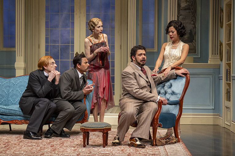 (l to r) Mike Nadajewski as Aubrey Henry Maitland Allington, Qasim Khan as James Chesterman, Julia Course as Louise Allington, Sepehr Reybod as George Maitland and Lindsay Wu as Jean Everard. Photo by David Cooper.