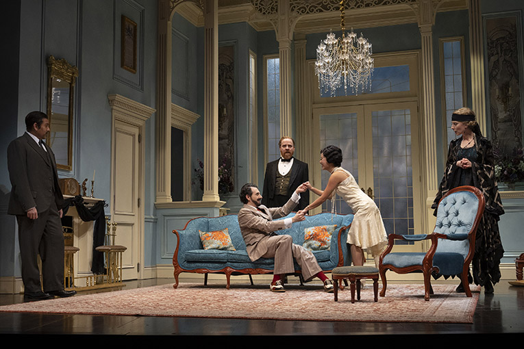 (l to r) Qasim Khan as James Chesterman, Mike Nadajewski as Aubrey Henry Maitland Allington, Graeme Somerville as Sprules, Lindsay Wu as Jean Everard and Julia Course as Louise Allington. Photo by David Cooper.
