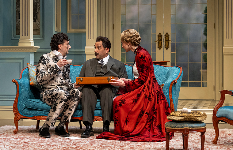 Mike Nadajewski as Aubrey Henry Maitland Allington, Qasim Khan as James Chesterman and Julia Course as Louise. Photo by David Cooper.