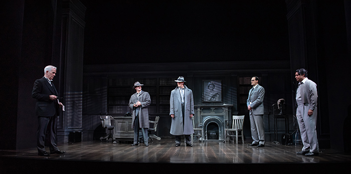 (l to r): Patrick Galligan as Sir Wilfrid Robarts, QC, Lawrence Libor as Policeman, Martin Happer asInspector Hearne, Kristopher Bowman as Mr. Mayhew and Andrew Lawrie as Leonard Vole. Photo by Emily Coo