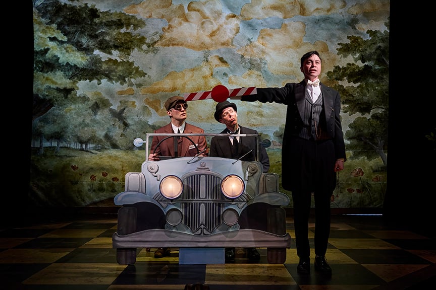 Jeff Irving as Bertie Wooster, Damien Atkins as Jeeves and Travis Seetoo as Seppings in Jeeves & Wooster in Perfect Nonsense. Photo by Michael Cooper.