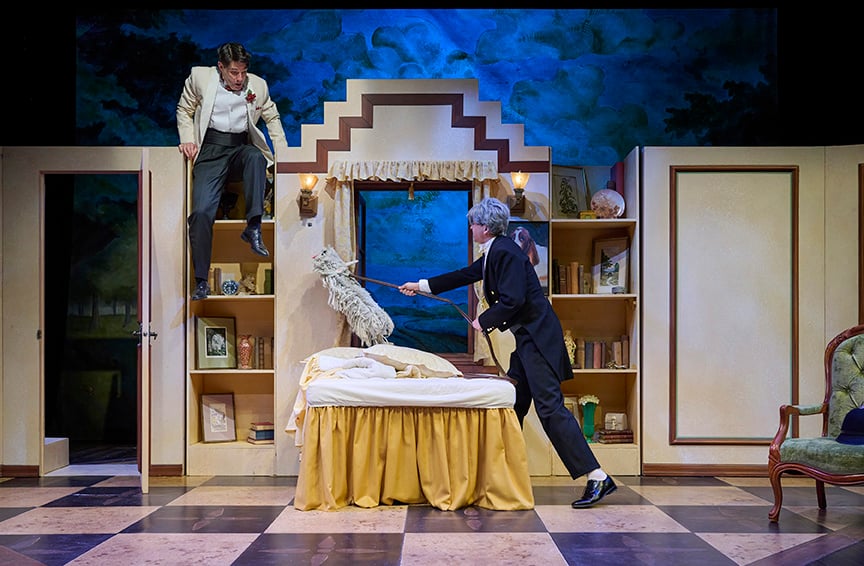 Jeff Irving as Bertie Wooster and Travis Seetoo as Seppings in Jeeves & Wooster in Perfect Nonsense. Photo by Michael Cooper.