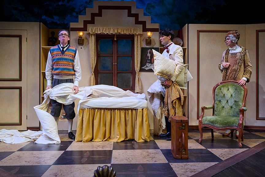 Damien Atkins as Gussie Fink-Nottle, Jeff Irving as Bertie Wooster and Travis Seetoo as Aunt Dahlia in Jeeves & Wooster in Perfect Nonsense. Photo by Michael Cooper.