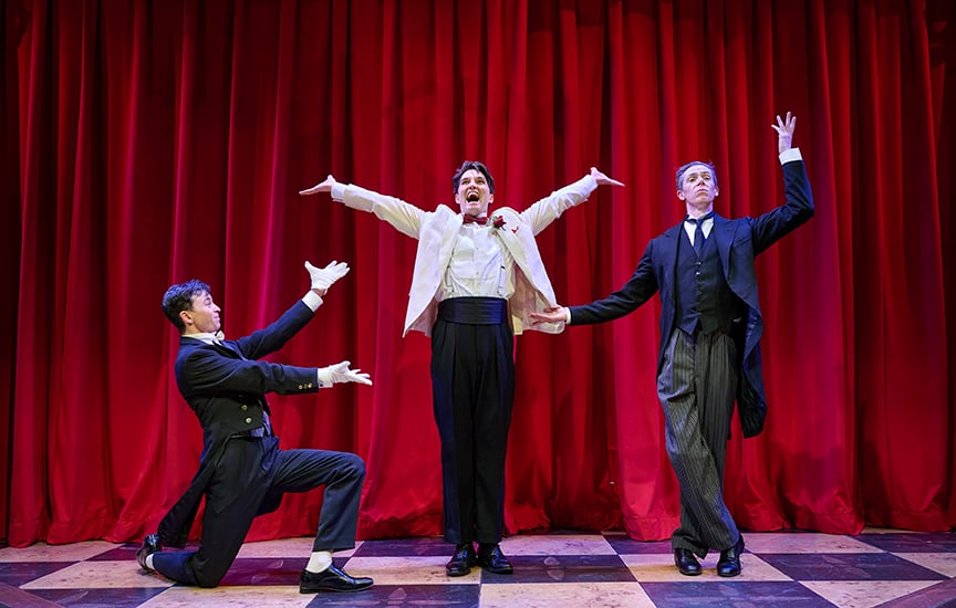 Travis Seetoo as Seppings, Jeff Irving as Bertie Wooster and Damien Atkins as Jeeves in Jeeves & Wooster in Perfect Nonsense. Photo by Michael Cooper.